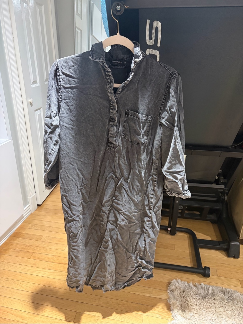 Washed Charcoal Mini Shirt Dress - Casual Button-Front
